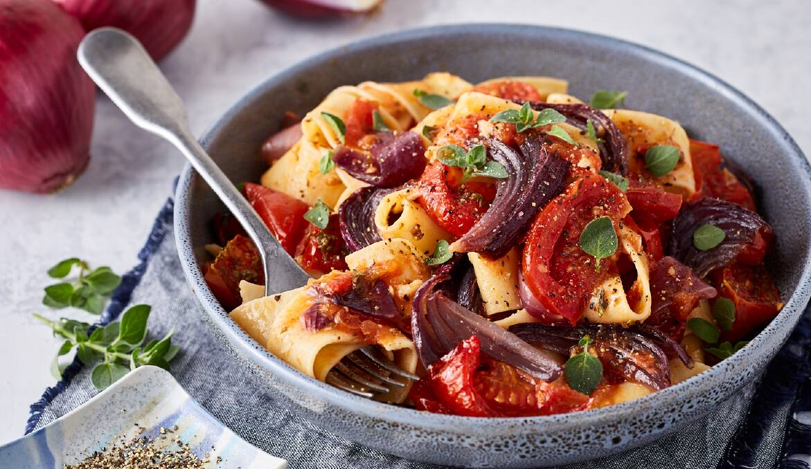 Oven-roasted red onion and truss tomato pasta. Picture: Supplied