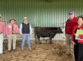Sumo Itoshigenami R155 sold for $46,000 on Tuesday pictured with Elders selling agent John Carey, Dorrigo; auctioneer Lincoln McKinlay, Sumo manager Eric Fraser, James Matts, Elders Wagyu Chichilla, Qld and stud principal Mary Coates.