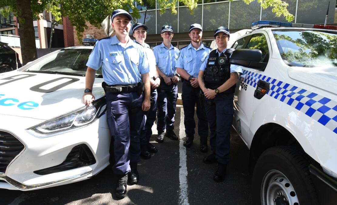 WELCOME: Police recruits Mitch Evans, Caitlin Green, Mitchell Hynes, Matthew Kennedy and Emma Montgomery. Photo: CARLA FREEDMAN