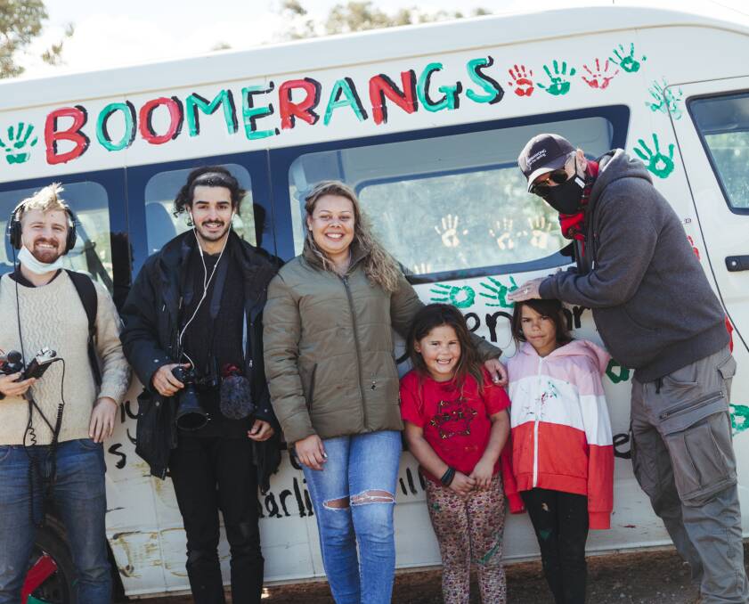 The Forgotten River team: podcaster Tom Melville, photographer Dion Georgopoulos, and national reporter John Hanscombe with Wilcannia locals Natalie Andrews, Deborah Whyman, and Olivia Whyman. Photo: Dion Georgopoulos