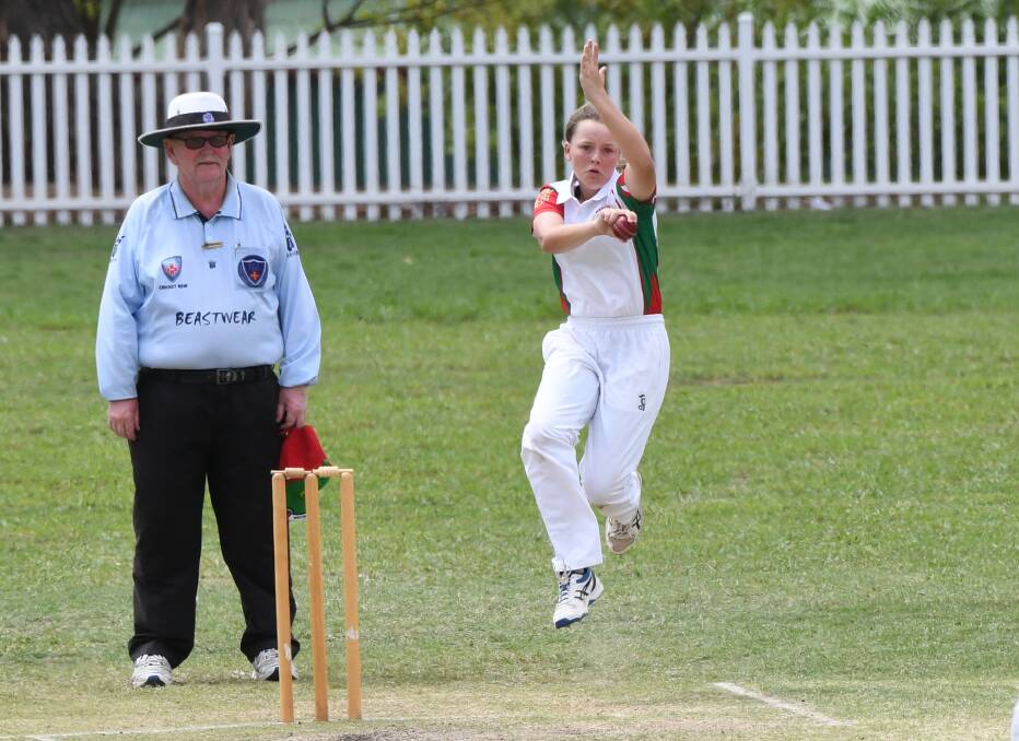 DELIVERY INBOUND: Western's Maddy Spence from Parkes charges in to bowl at a Hunter opponent during Tuesday's game at Watson Oval. Western finished the day with one win and one loss, just as they did on Monday. Photo: CHRIS SEABROOK