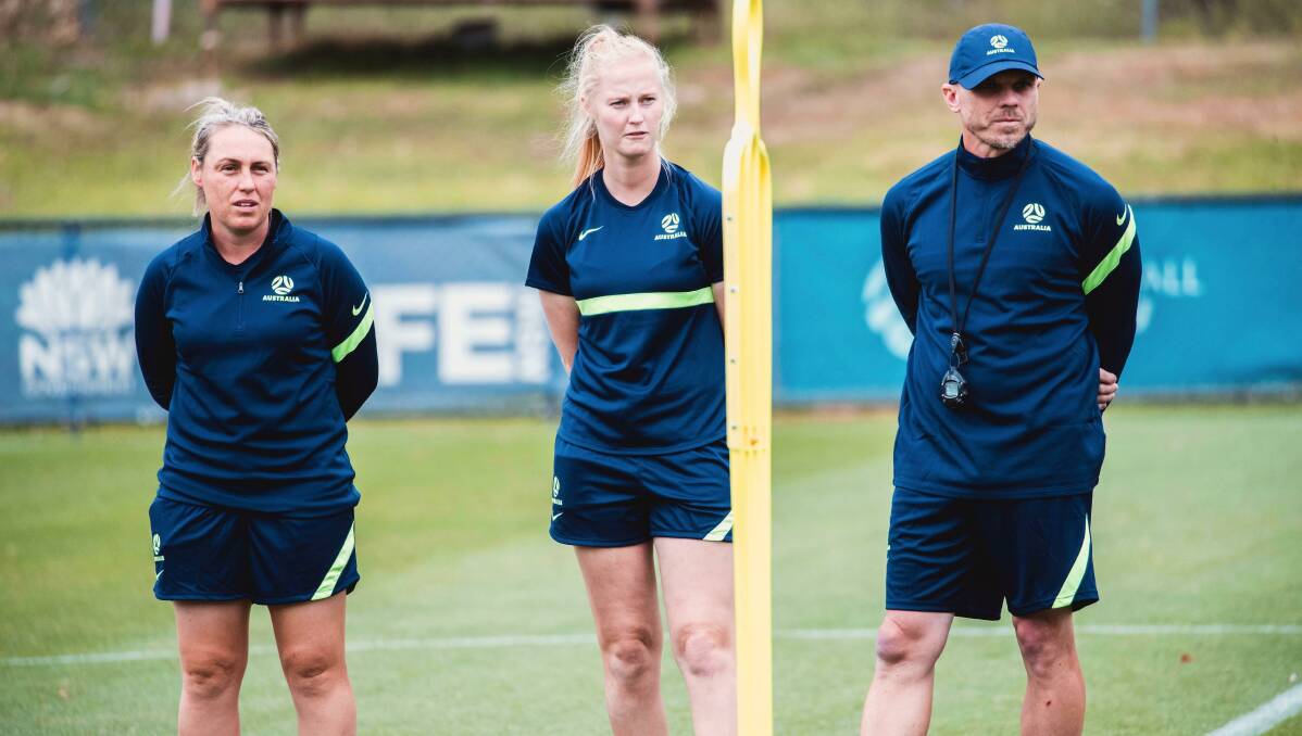 YOUNG MATILDAS BRAINS TRUST: Coach Leah Blayney, Parkes' Meaghan Kempson and assistant coach Steve Antovic. Photo: SUPPLIED.