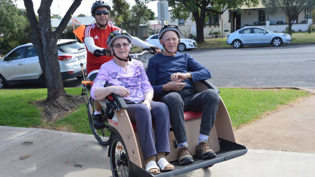 ENJOYABLE: Niola residents Jean Winner and Harry Guise, driven by Tommaso Pelle, both really enjoyed their ride on the trishaw earlier this year. Photo: CHRISTINE LITTLE.