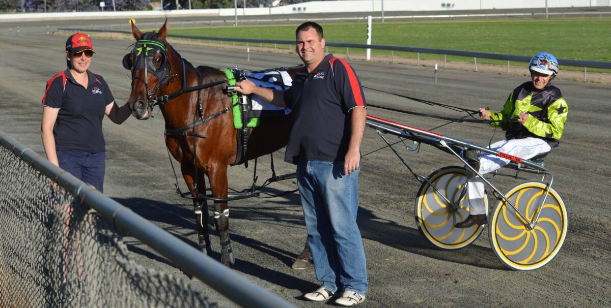 THE BRILLIANT VETERAN: Kasey and Brendan Orr with driver Stephen Dowton and 10-year-old gelding Double Standards after Saturday's win. Photo: KRISTY WILLIAMS.