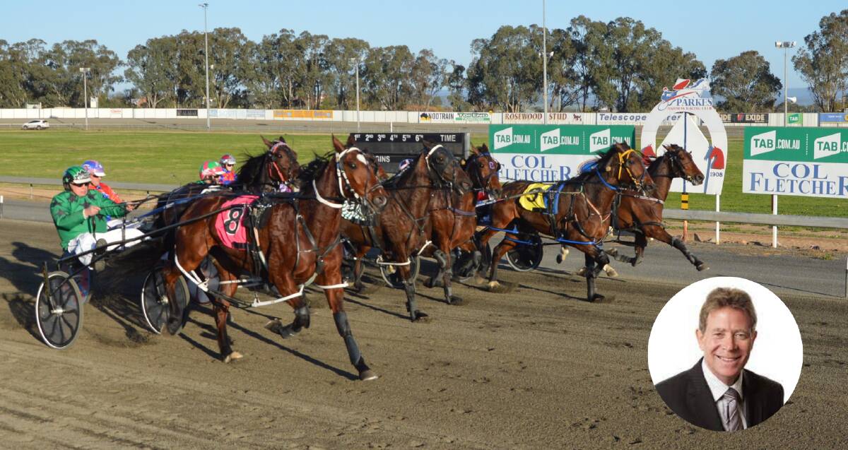 BIG YEAR: A blanket finish at the Parkes Harness Racing Club. Inset - Harness Racing NSW CEO John Dumesny. PHOTO: KRISTY WILLIAMS.