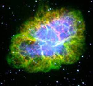 An optical photograph of the Crab Nebula. This is the remains of a star that exploded in AD 1054. The Dover Heights observations showed that this nebula is also a strong radio source. Photo: NASA.
