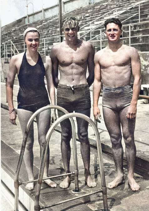VALE, REX AUBREY: Daphne Franzer, Rex Aubrey and Frank Murphy, of New Zealand, poolside in 1951. Photo: Australia 1952 Olympic Team Facebook.