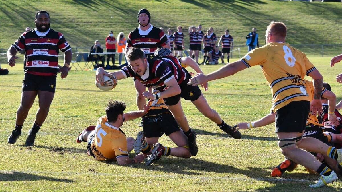 Captain-coach Josh Miles crashes over for a try in the major semi final. Photo: ALLAN RYAN.