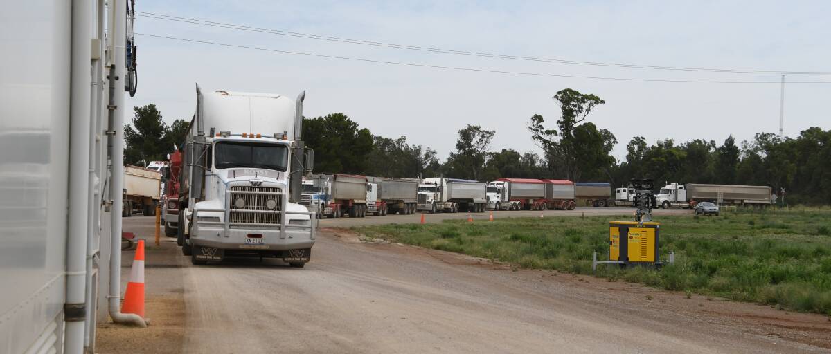 BUMPER HARVEST REAPS REWARDS FOR FARMERS: Trucks were lining up for miles outside of the Graincorp Parkes site. Total grain receivals at the site reached over 260,000 tonnes. Photo: Jenny Kingham.