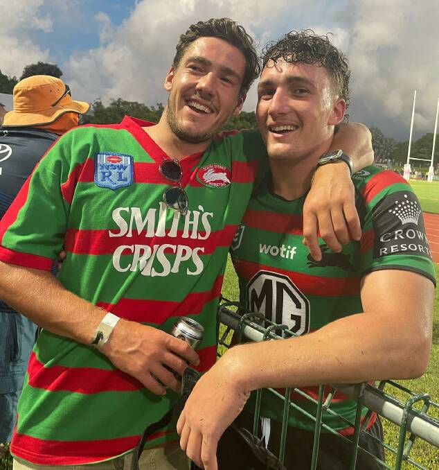 ALL SMILES: Parkes Spacemen junior Benjamin Lovett, pictured here with brother Kurt, after making his first grade debut for South Sydney. Photo: FIONA LOVETT.