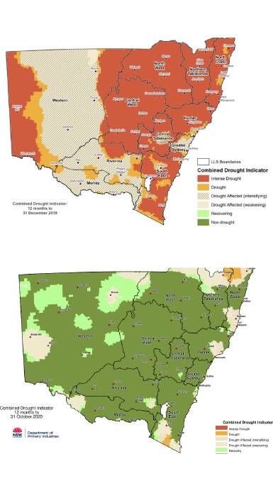 ALMOST DROUGHT FREE: The above maps show just how far NSW has come since December 2019, when almost the entire state was drought affected.