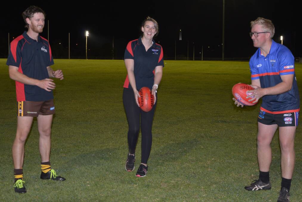  GETTING SET FOR THE SEASON: Pete Webb, Caitlin Thomas and Mitch Stubberfield at Parkes Panthers training on Tuesday night.