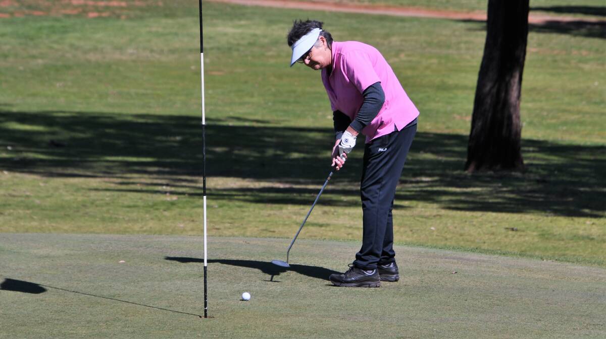 ALL ON THE LINE FOR COMPETITORS: With just one round remaining, the ladies club championship is coming to an exciting end. Pictured putting is current C-grade runner-up Denise Charlton. Photo: JENNY KINGHAM.