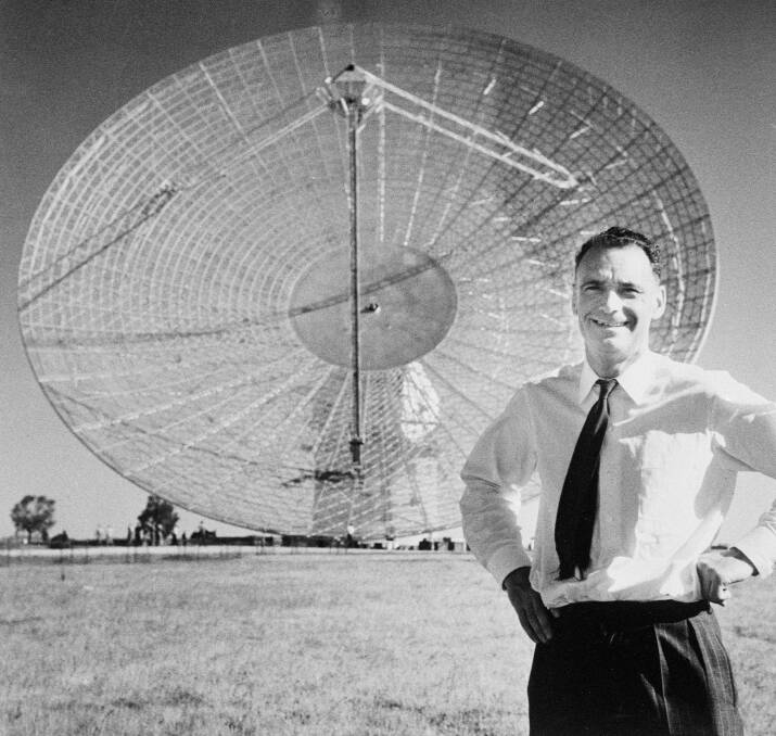 'Taffy' Bowen in front of The Dish in 1961. Photo: CSIRO Archives.