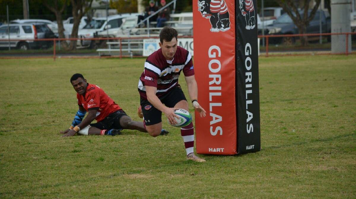 TRY TIME: Flyhalf Luke Bevan crosses for a try against the Narromine Gorillas. Bevan secured the three Best and Fairest points. Photo: Allan Ryan.