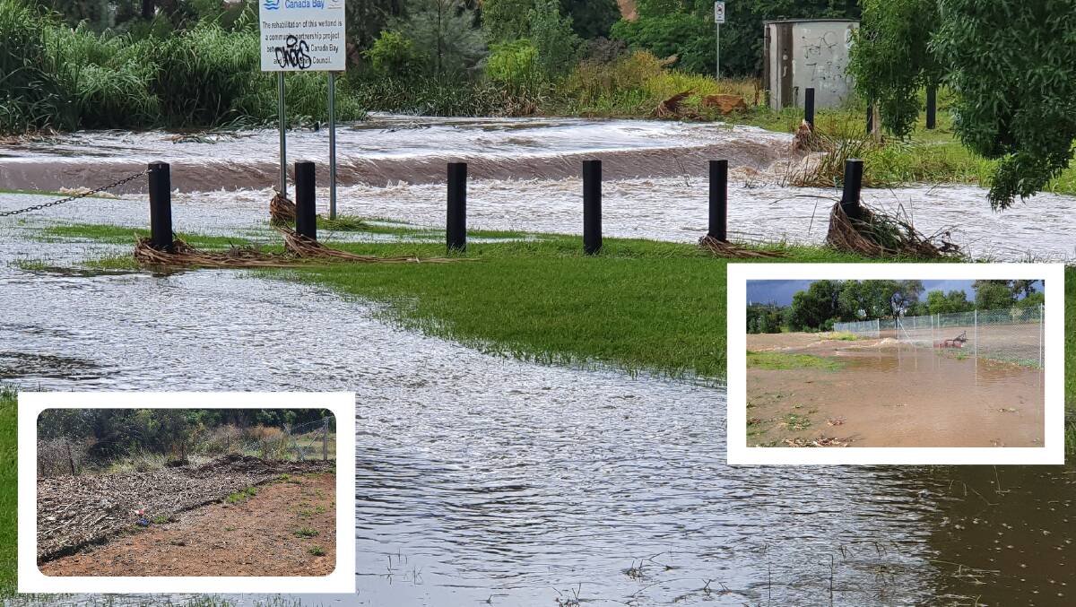 FLOODING: The PAC Park wetlands aren't able to hold much water anymore. Inset - damage to the farm after 10mm. Photos: Anthony Carter.