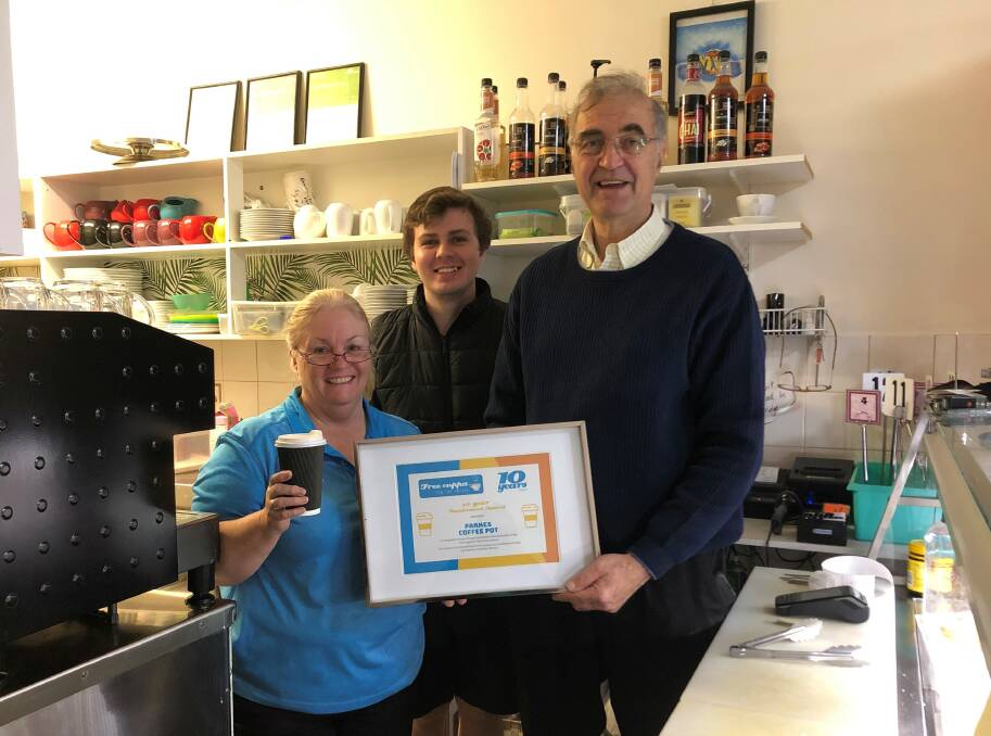 SAFETY MATTERS: Charlie and the team at the Parkes Coffee Pot, who clocked up 10 years of participation in the 'Free Cuppa for the Driver' scheme last year. Photo: SUPPLIED.