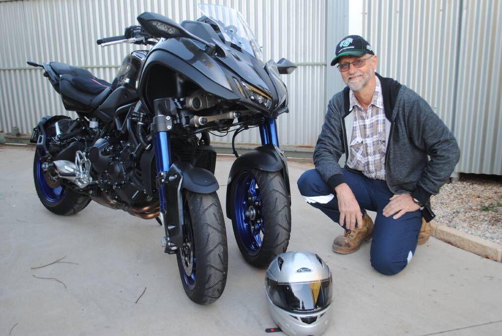 EYE CATCHING: Ian Rowe with his three wheel 2018 Yamaha Niken, the latest Leaning Multi Wheel from the company. It certainly stands out from the crowd! Photo: Supplied.