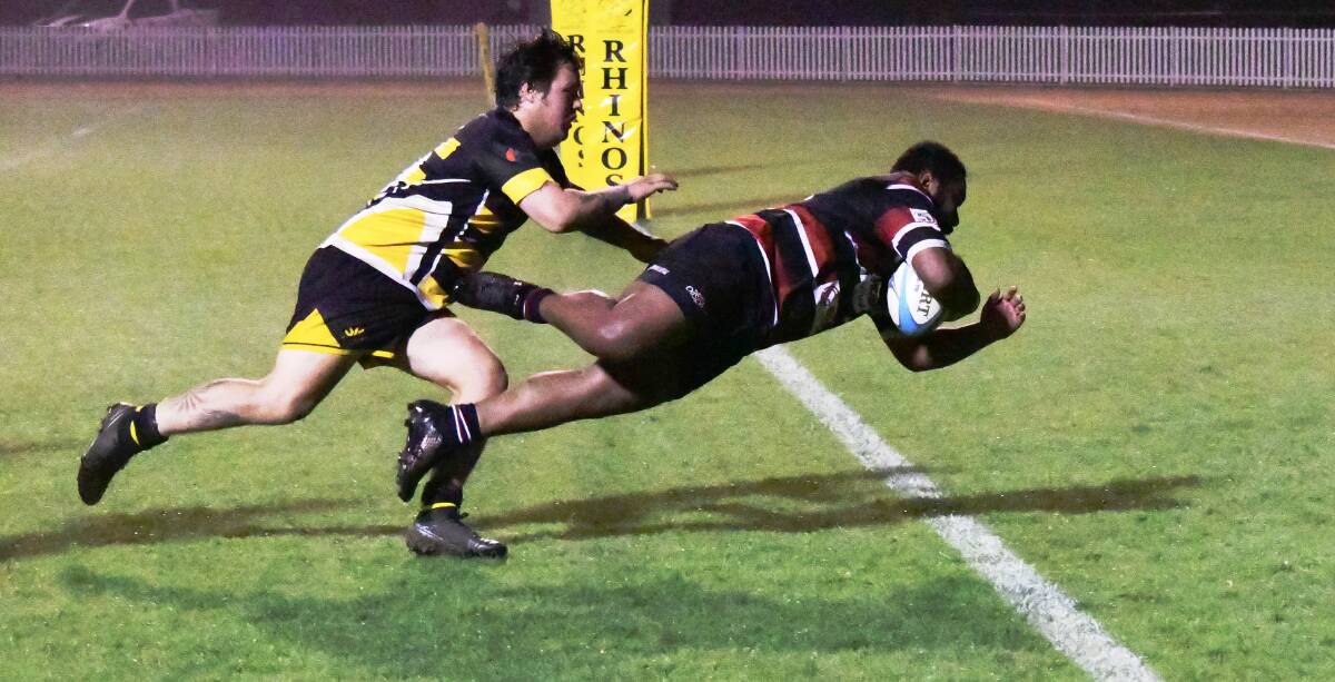 TRY TIME: Freddy Tupo crashes over for a try for the Boars in their win over the Dubbo Rhinos last Friday night. Photo: Allan Ryan.