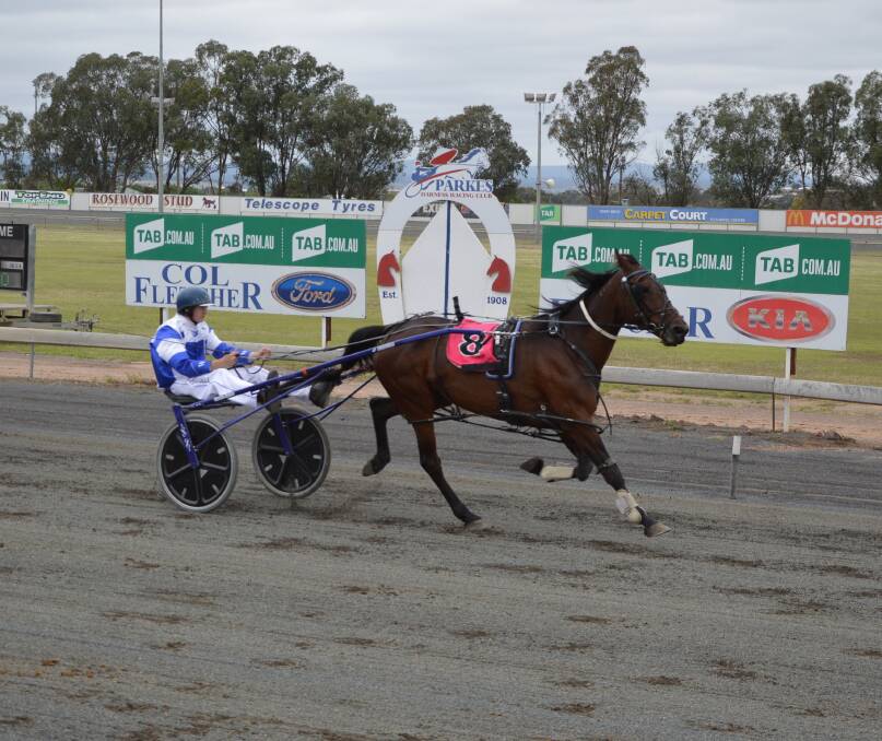 READY TO ROCK: Parkes trainer William Cassell has Rock Hand, pictured here finishing second in Parkes on October 25, running in the Byrne Clothing Pace. The mare has five wins in 45 career starts. Photo: Kristy Williams.