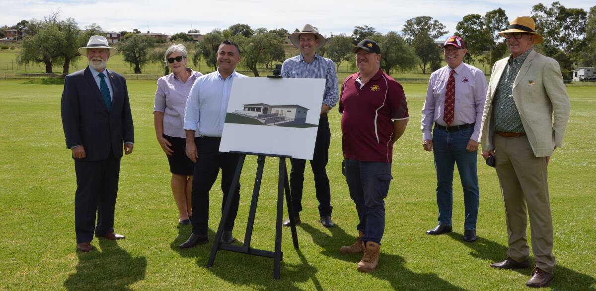 FUNDING FOR SPICER OVAL: (L-R) Ken Keith, Cath Ryan, John Barilaro, Sam Farraway, Ken Oliver, Alan Ryan and Bill Jayet were present at the announcement.