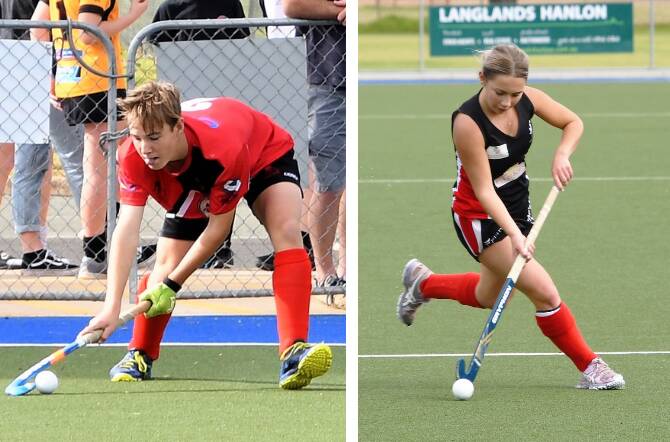 BIG SEASON AHEAD: Toby Collins (left) and Meghan Searl (right) playing for Parkes in the Central West Premier League Hockey last season. Parkes will have two teams again this year. Photo: JENNY KINGHAM.