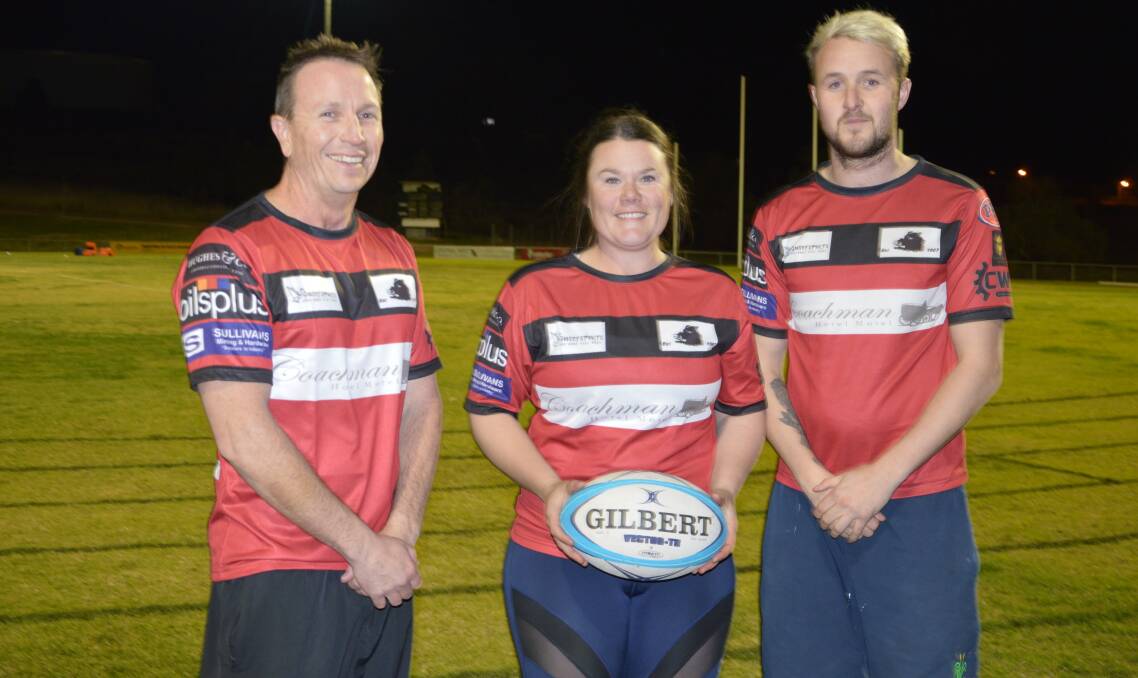 READY TO ROAR: The Parkes Boars will be kicking off their season this Saturday, led by second grade captain Anthony Stuart, ladies captain Caitlin Westcott and first grade captain/coach Josh Miles. Photo: Kristy Williams