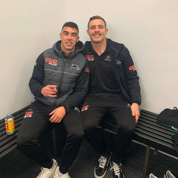 ALL SMILES: Forbes' Charlie Staines (left) and Parkes' Billy Burns in the sheds after the Panthers comfortable 56-24 win over the Sharks. Photo supplied: Penrith Panthers.