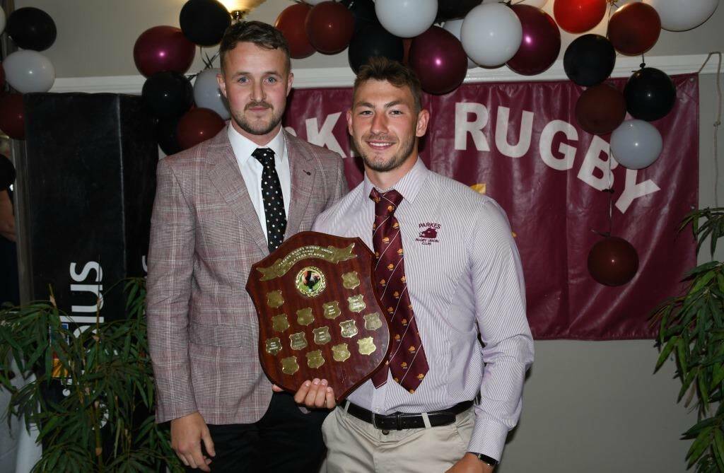 FLAG HEROES: Boars coach, and scrum-half, Josh Miles (left) with star fly-half Luke Bevan, who won the first grade Best and Fairest amongst a number of other awards. Photo: Allan Ryan.