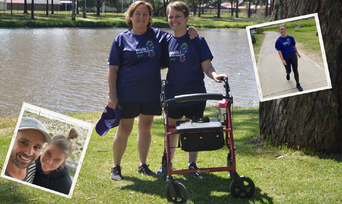 LEGENDARY EFFORT: Emma Sinclair and her mother Toni Edwards before beginning their 10 kilometre Walk 4 Brain Cancer at Lake Forbes on Sunday. Insets - Amy Sinclair; Tom Sinclair and Laura Jones. Photo: KRISTY WILLIAMS.