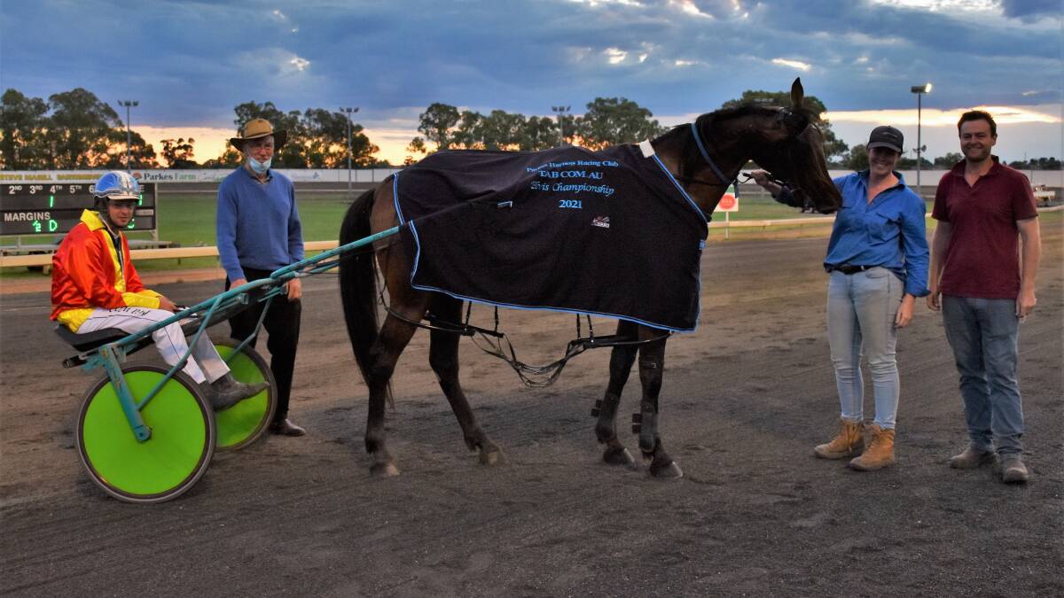 WINNER: Blayney trainer Phil Bourke took out the Elvis Championships with his eight-year-old gelding Mister Haywood. Talented concession reinsman Tom Pay drove. Photo: Jenny Kingham.