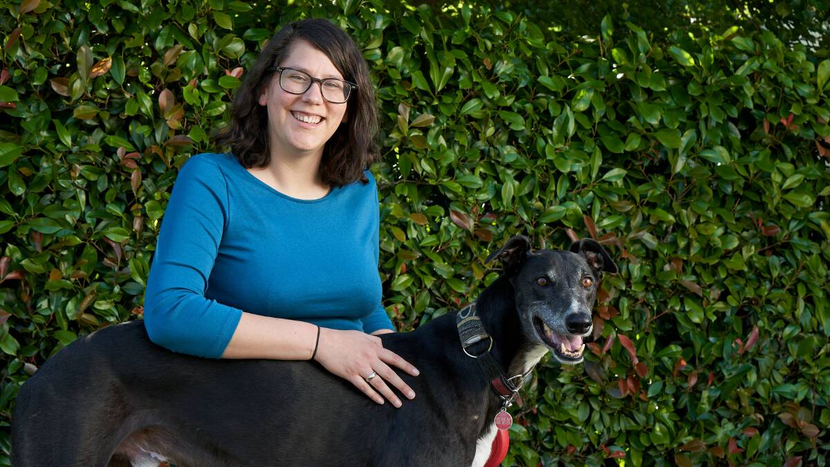Jenn Soroka with her greyhound, Zuko, 5, who recently gave blood for other dogs for the first time. Picture: Matt Loxton