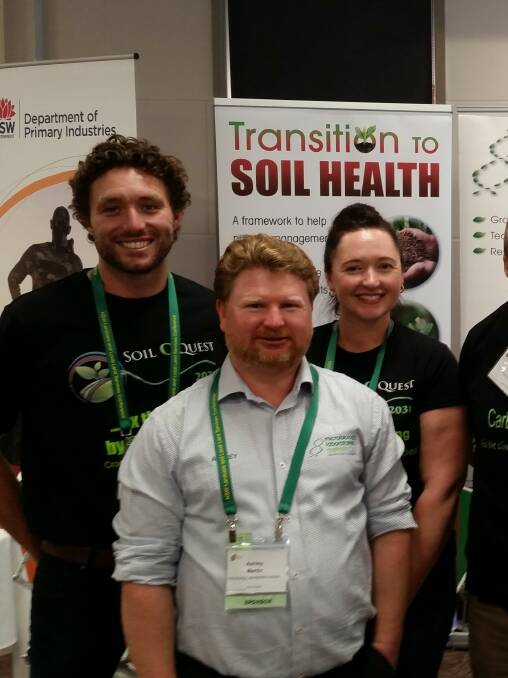 EXPERT: Guest speaker, Dr Ash Martin (centre), with Jack Farthing and Marg Applebee at the 2017 Landcare and LLS Conference in Albury.