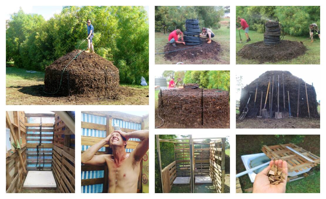 INGENIOUS: A coil of pipe inside a pile of compost creates a clever hot-water system for an outdoor shower. Pictures: Hannah Moloney. 