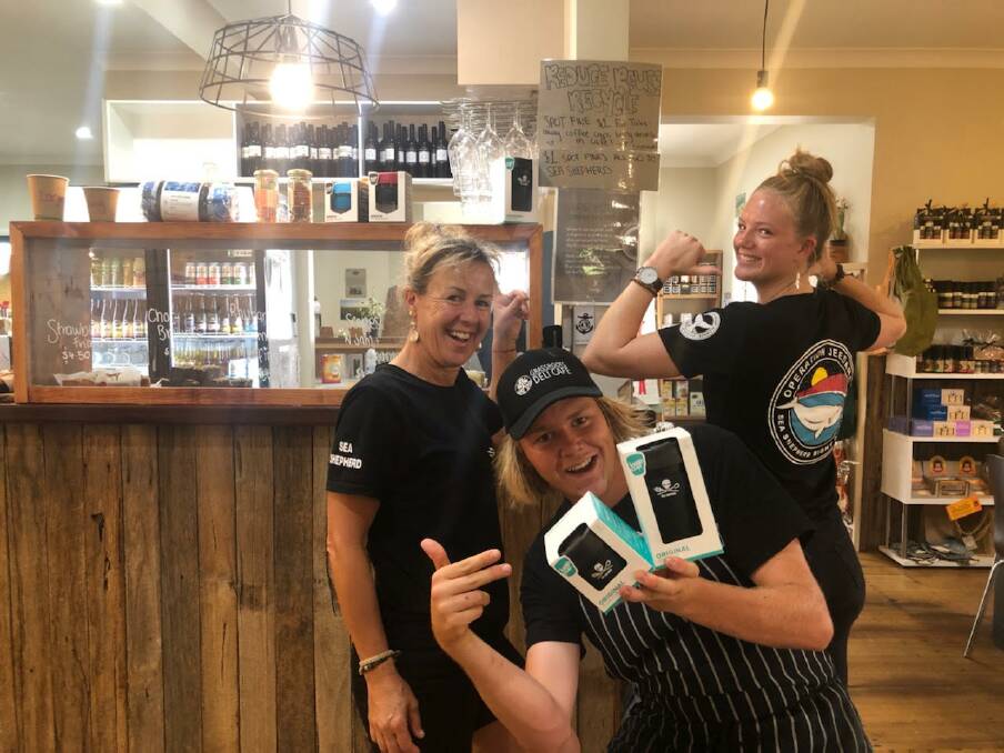 WASTE FREE: Grassroots Deli Cafe owner Maria Gordon with staff members Aimee and Jasper. They are clearly excited about saving the environment. Picture: Supplied.