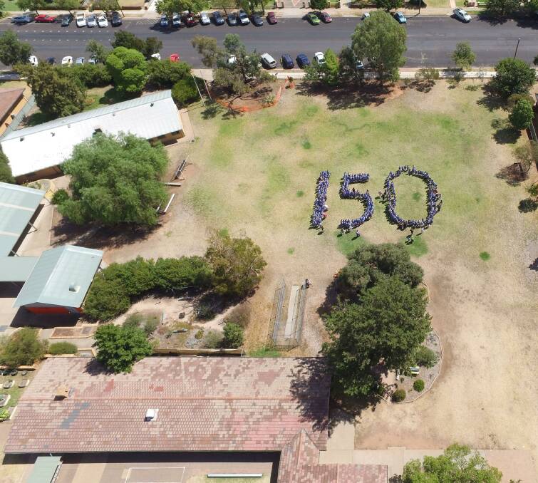 150 Years: The students spell out 150 on their oval as part of their anniversary celebrations. Photo: Supplied.