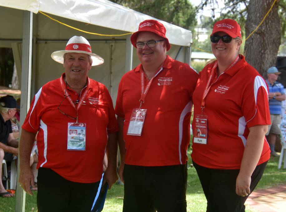 Vivacious Volunteers: Ken McGrath, Gary Crowley and Ruth Crowley are part of a big group of volunteers who are always ready to help out during the Parkes Elvis Festival. Photo: Supplied.