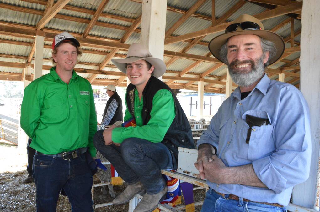 Quality Control: Mitch Cook and Shaun Kopp investigate the sheep pavilion with Trundle's Cranley Gowing. Photo: Christine Little.