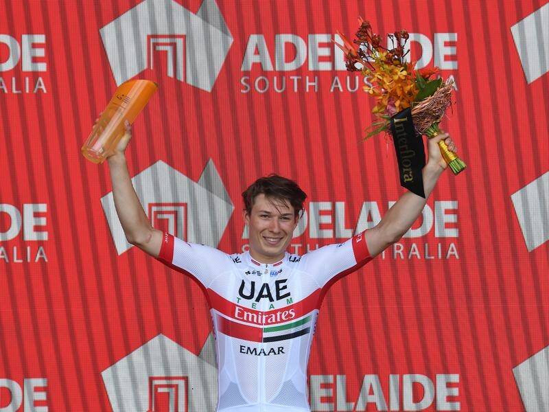 Jasper Philipsen celebrates being awarded stage five honours at the Tour Down Under.