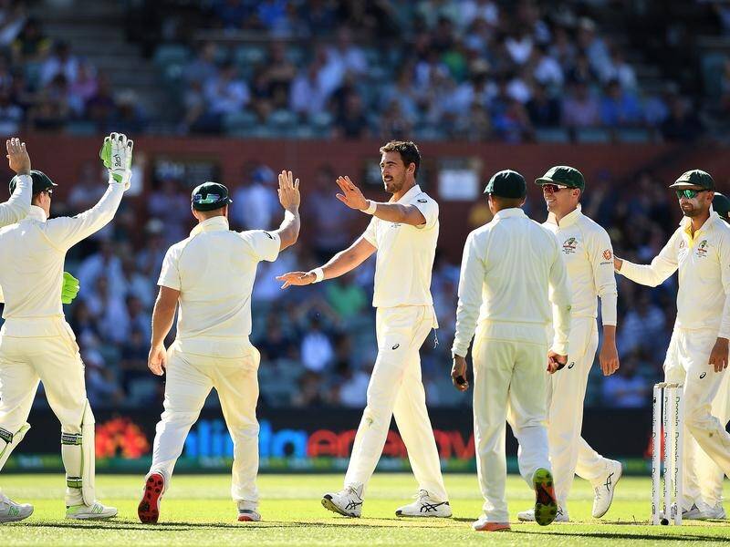 Australia celebrates a Mitchell Starc wicket on day one of the first Test against India in Adelaide.