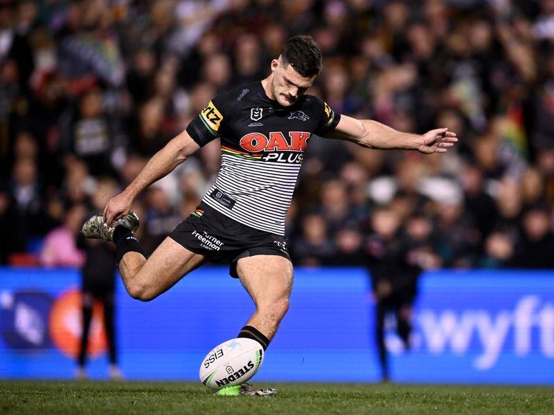 Panthers' Nathan Cleary during his match-winning kicking display that strangled Parramatta. (Dan Himbrechts/AAP PHOTOS)