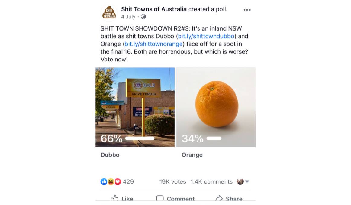 VOTES: A Dubbo v Orange round in July saw 19,000 votes cast and Dubbo win by a healthy 66 per cent. Dubbo now remains the Central West's only hope for a Sh*t Town Showdown 2019 win.