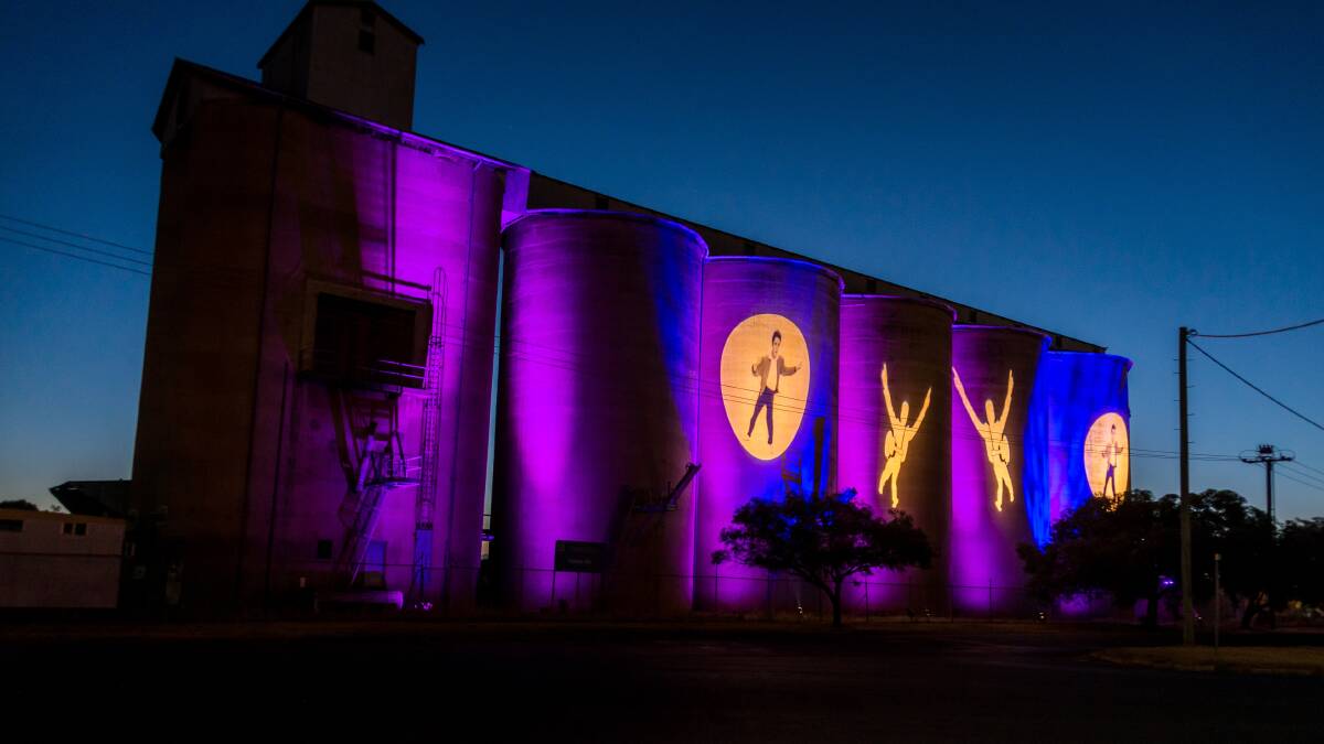 LIGHT DISPLAY: The silos along May Street are part of Parkes Shire Council's illumination display during this year's Parkes Elvis Festival. Photo: JAY-LEE ZAGROVIC