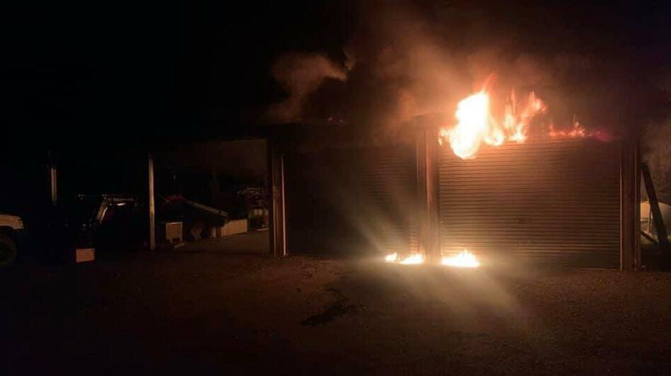 BLAZE: A shed was partially destroyed following an early morning fire at a property off the Newell Highway on Saturday. Photo: NSW RFS PARKES BRIGADE
