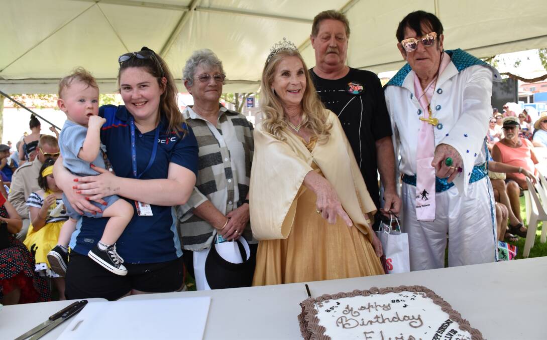 HAPPY BIRTHDAY: Five people celebrated their birthdays with Elvis at the party in Cooke Park - Elijah Sladek turns 1 (being held by mum Mikayla Allen), Gloria Thomas, Trevor Middendorf (who is turning 70), Arthur Hooper of New Zealand who turns 84 and Una Segal. Photo: JENNY KINGHAM