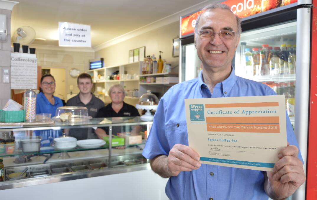 Parkes Coffee Pot owner Charlie Pecenka and his staff Leanne Field, Zac Millett and Tracy Tonkin have been participating in the Free Cuppa for the Driver scheme for a number of years and will be doing so again next year. Photo: Christine Little