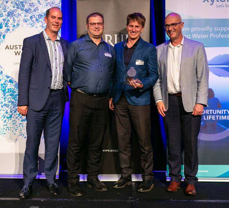 RECOGNISED: Global Water Leader Aurecon (award sponsor) Kevin Werksmen, Parkes Shire Council Director Infrastructure Andrew Francis, Parkes Shire Council Infrastructure Technical Manager Julian Fyfe, NSW President of the AWA Paul Freeman at the presentation. Photo: AWA