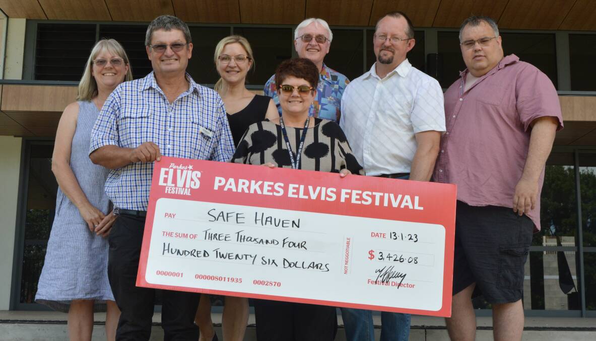 Alison and Neil Westcott from the Parkes Ministers Association, Parkes Elvis Festival director Tiffany Steel, Lachlan Health Service team coordinator of Safe Haven Kylie Browne, Andrew Taggart, Craig Bland and James Leach (all Ministers Association). Picture by Christine Little