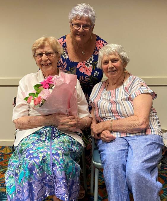 FOUNDING MEMBER: Val Worthington on her 96th birthday at the Bridge Club with club vice president Bev Laing and regular partner Joan Reilly. Photo: Submitted