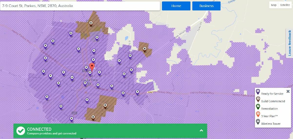 GETTING THERE: The purple areas in this NBN tracker map are 'ready for service', while the brown pockets are 'build commenced'.